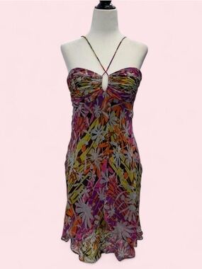 Y2K BCBG Max Azria 100% Silk Floral Halter Dress Fairy Boho